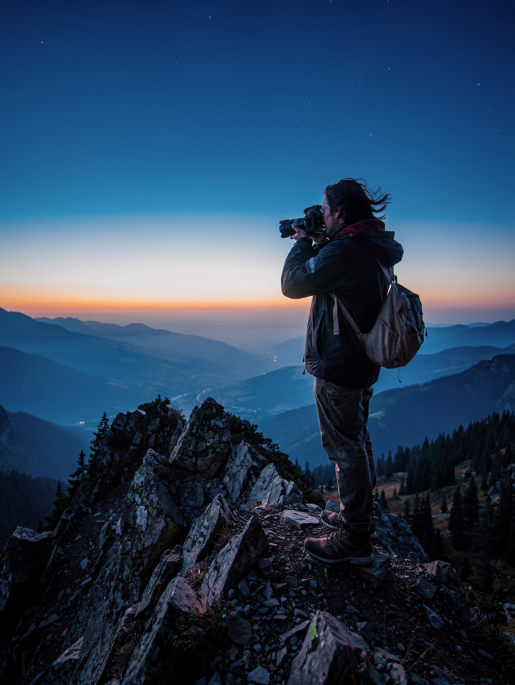 Photographer setting up tripod in Patagonian granite landscape