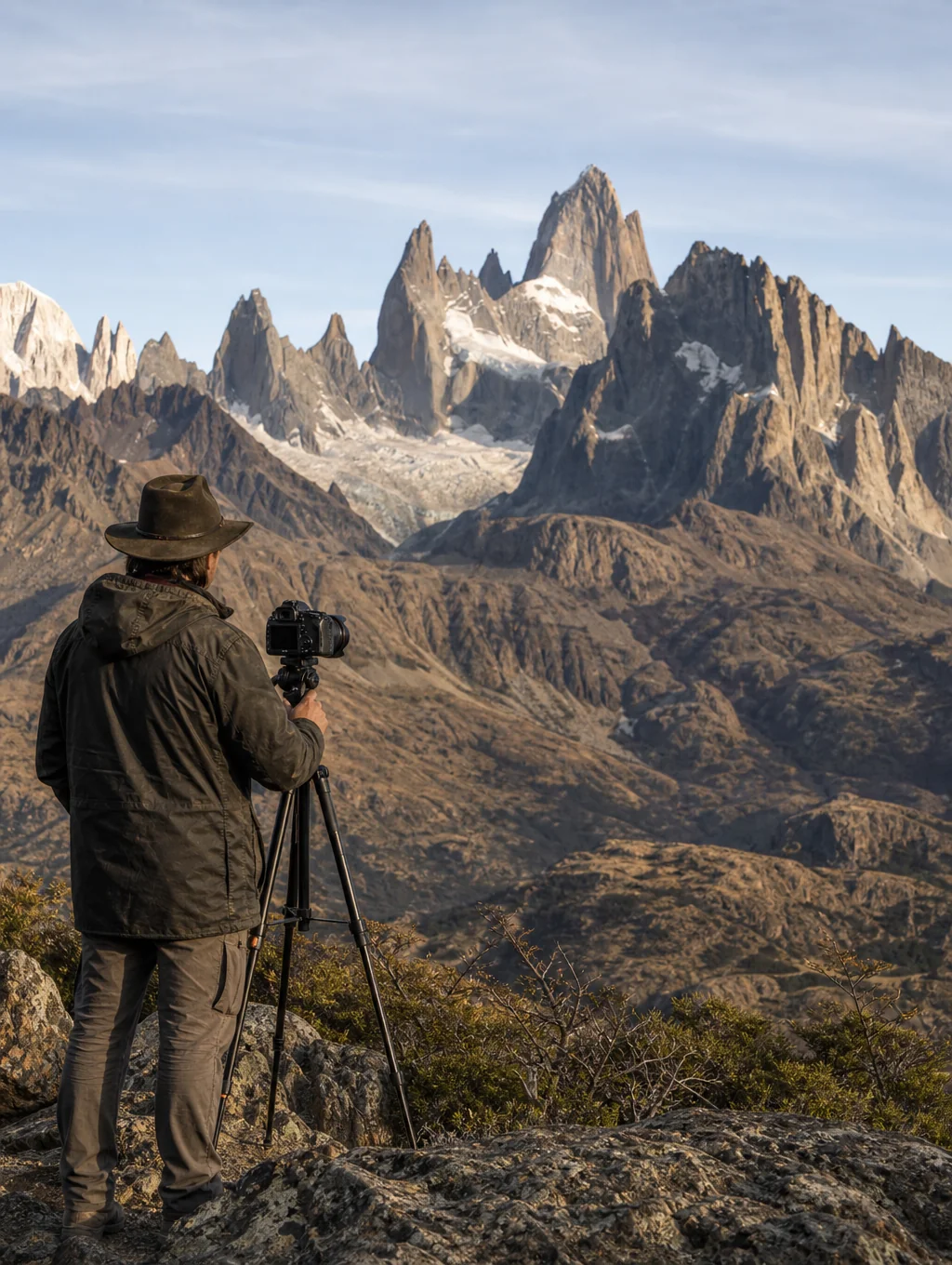Photographer scouting granite towers in Patagonia