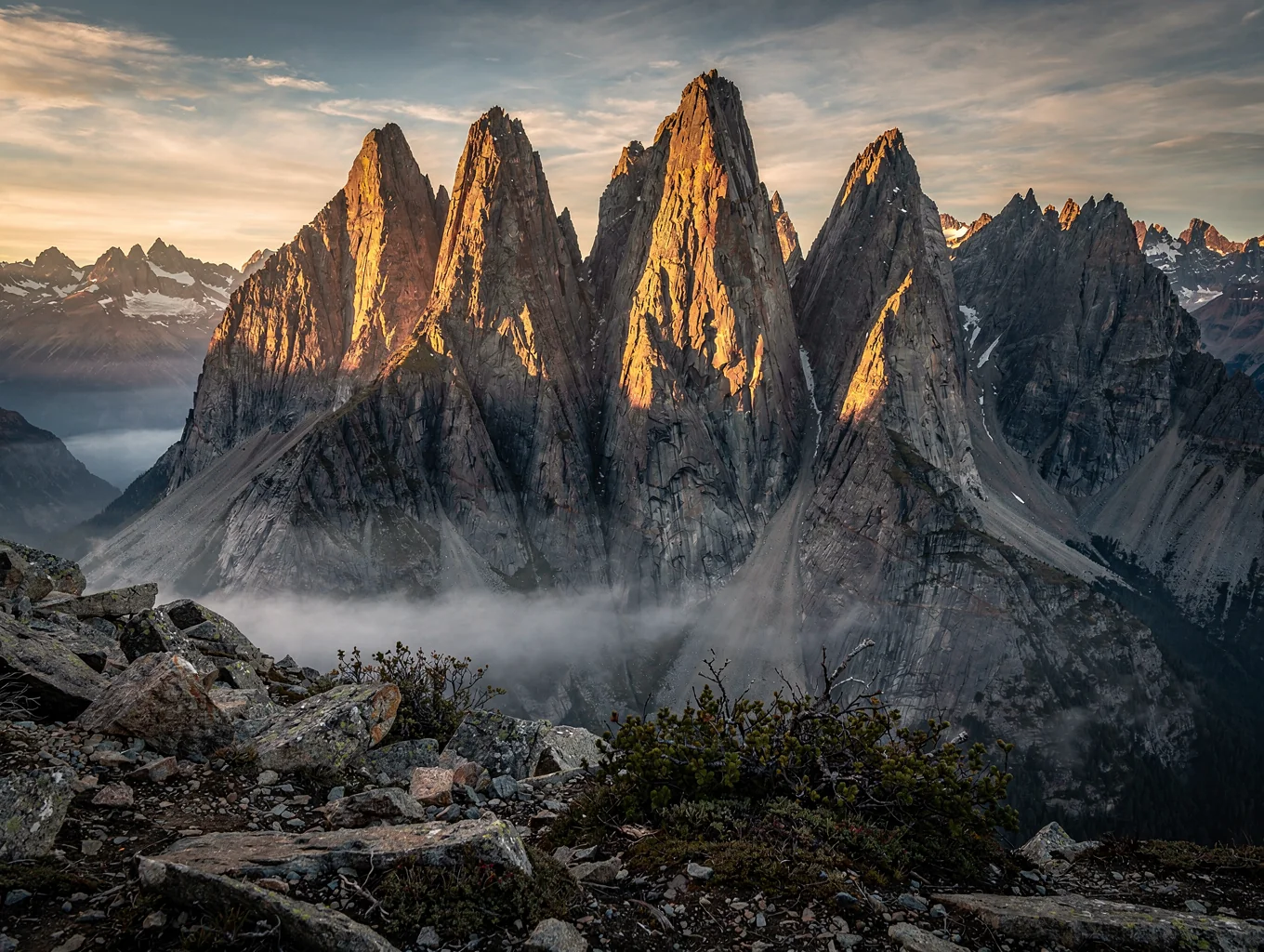 Panoramic view of jagged granite peaks in Patagonia under dramatic golden hour light