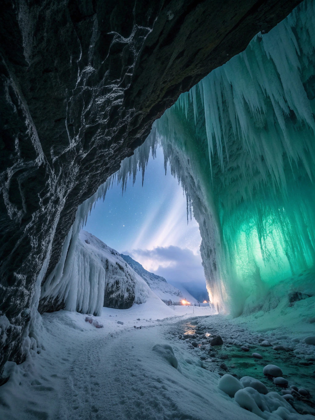 Sculpted blue ice cave formations deep within Vatnajokull glacier