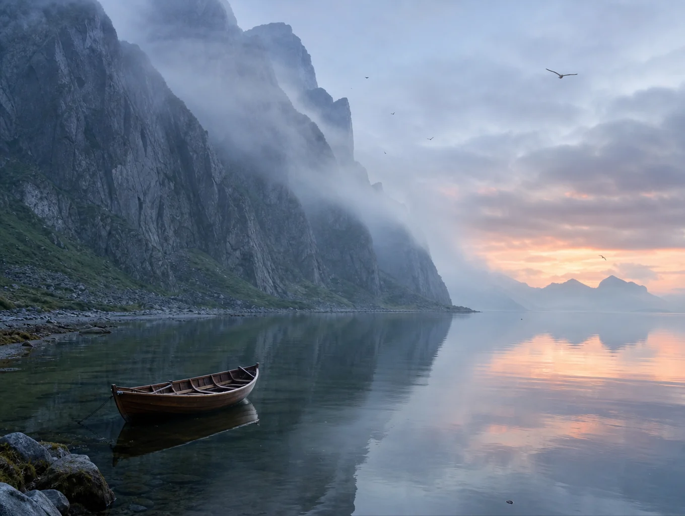 Mist-covered granite peaks in New Zealand fjords