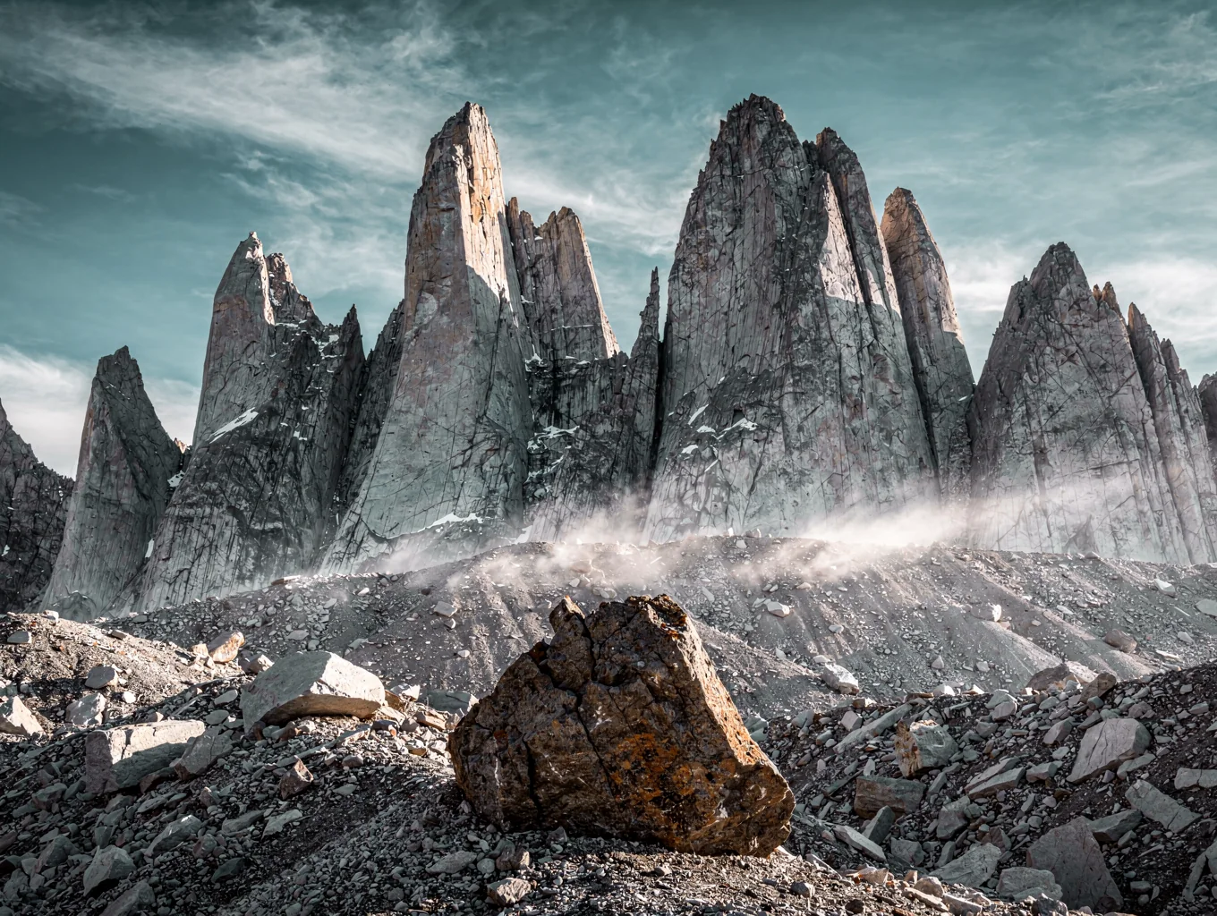 Jagged granite spires of Patagonia at sunset